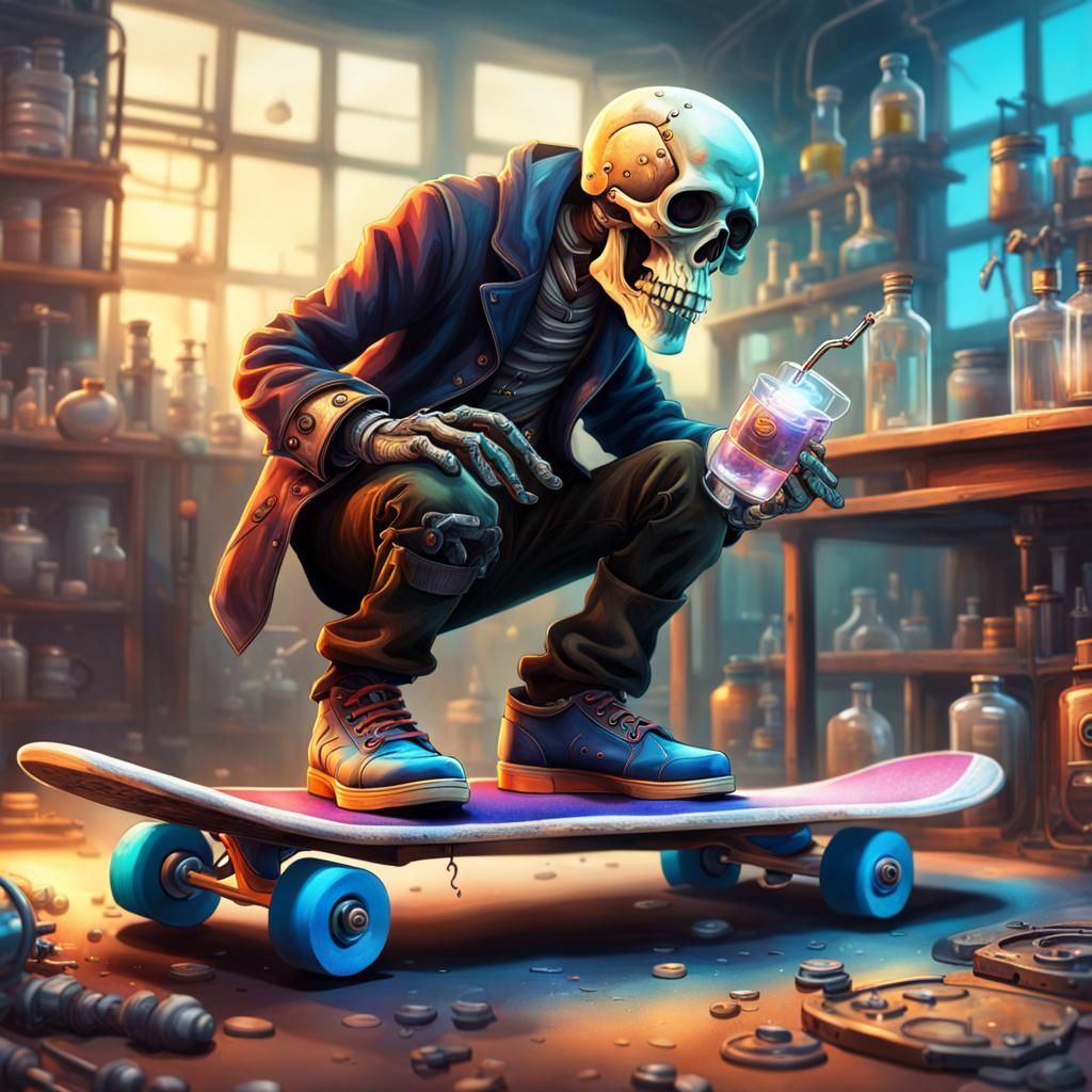 Steampunk Skeleton Scientist on Skateboard in Lab