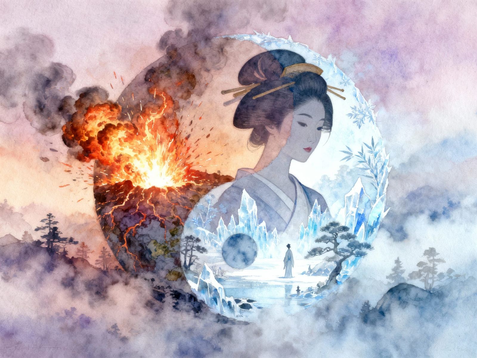 Yin Yang Landscape in Misty Pastel Watercolor Style