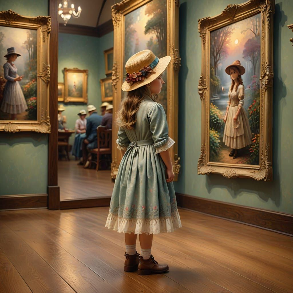 Girl Gazing at Vintage Painting in Kinkade Style