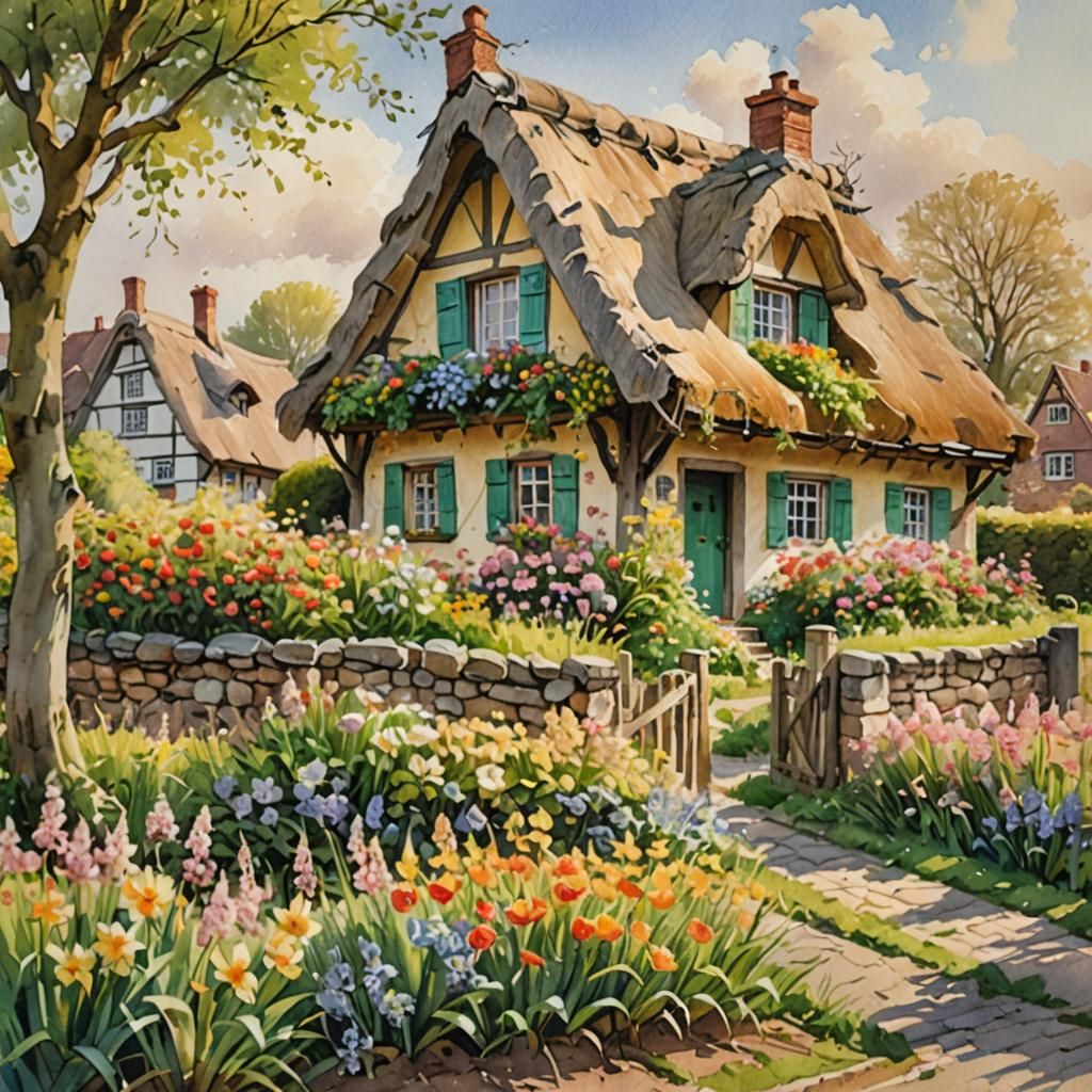 Charming Thatched House in Impressionist Watercolor Painting