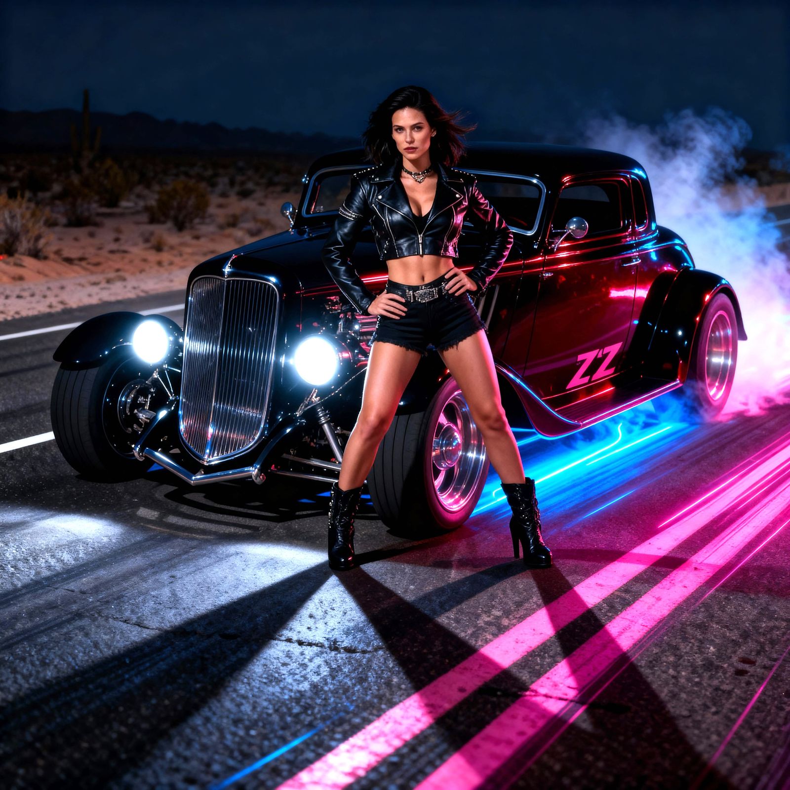 Confident Woman Poses With ZZ Top Eliminator Hot Rod