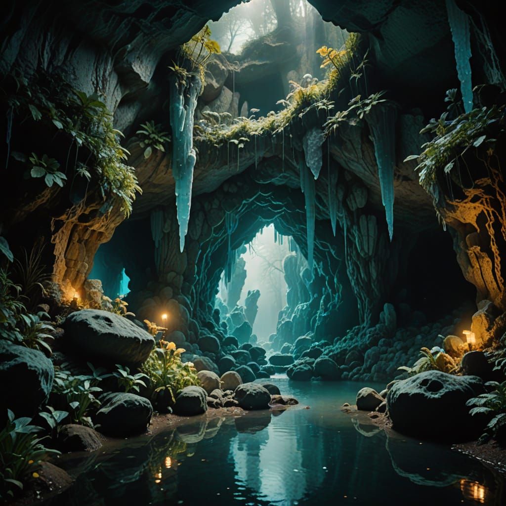Mystical Aquamarine Grotto in Cinematic Film Style