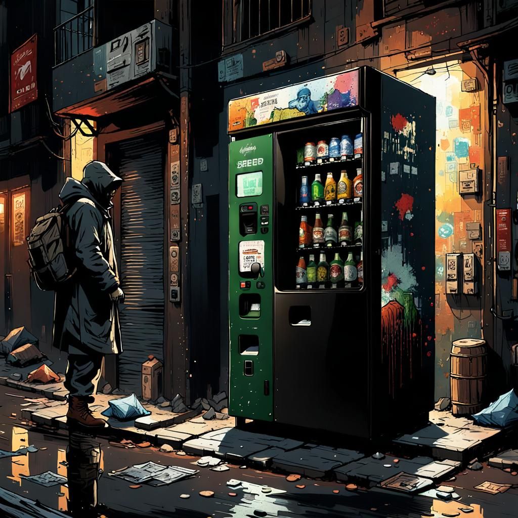 Terrifying Beer Vending Machine in Dark Alley: Horror Art