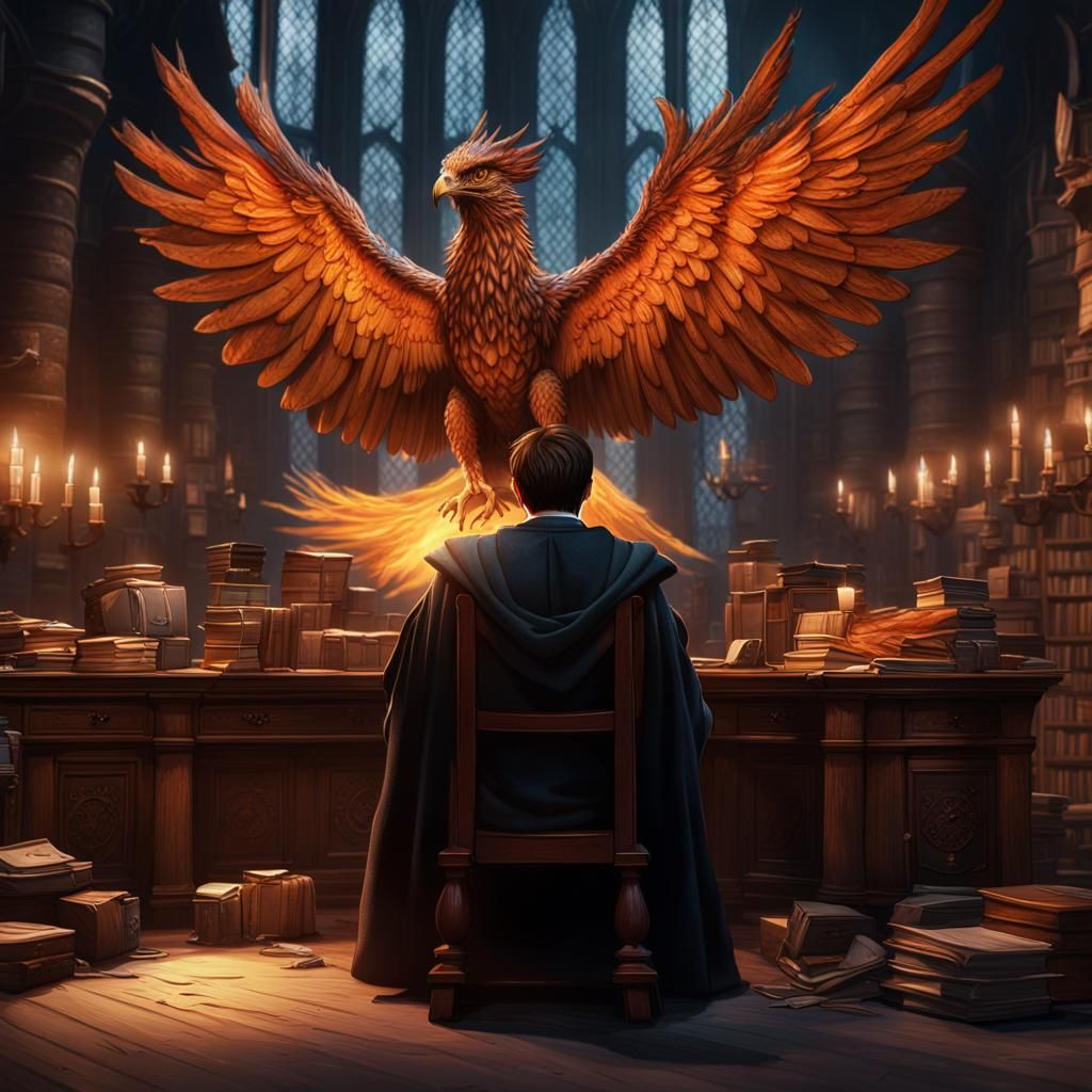 Harry Potter with Fawkes, the phoenix, in Dumbledore's offic...