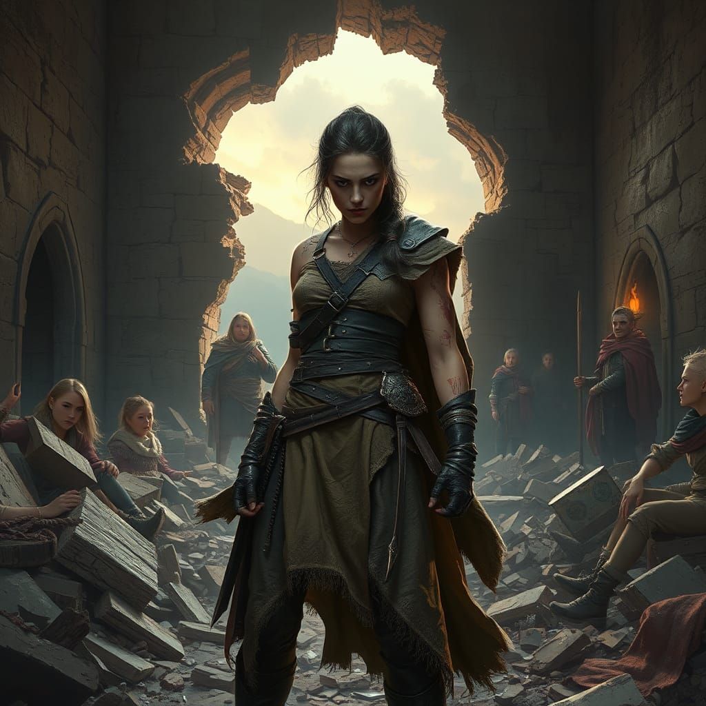 Determined Figure Amidst Ruins, Fantasy Concept Art