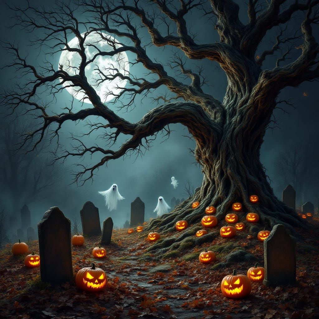 Haunted Halloween Tree in Graveyard Scene