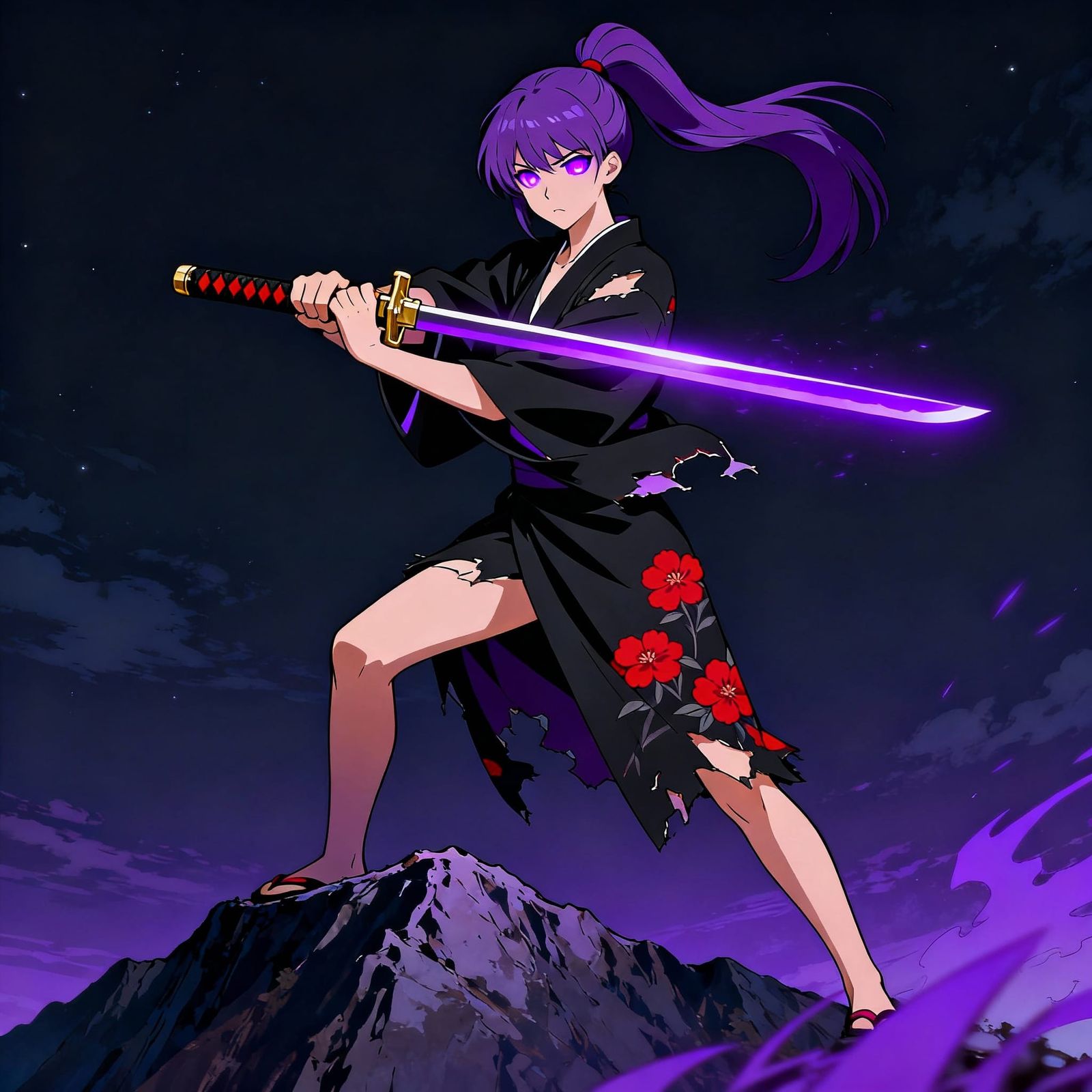 Purple-Haired Warrior Holds Katana on Mountain Top