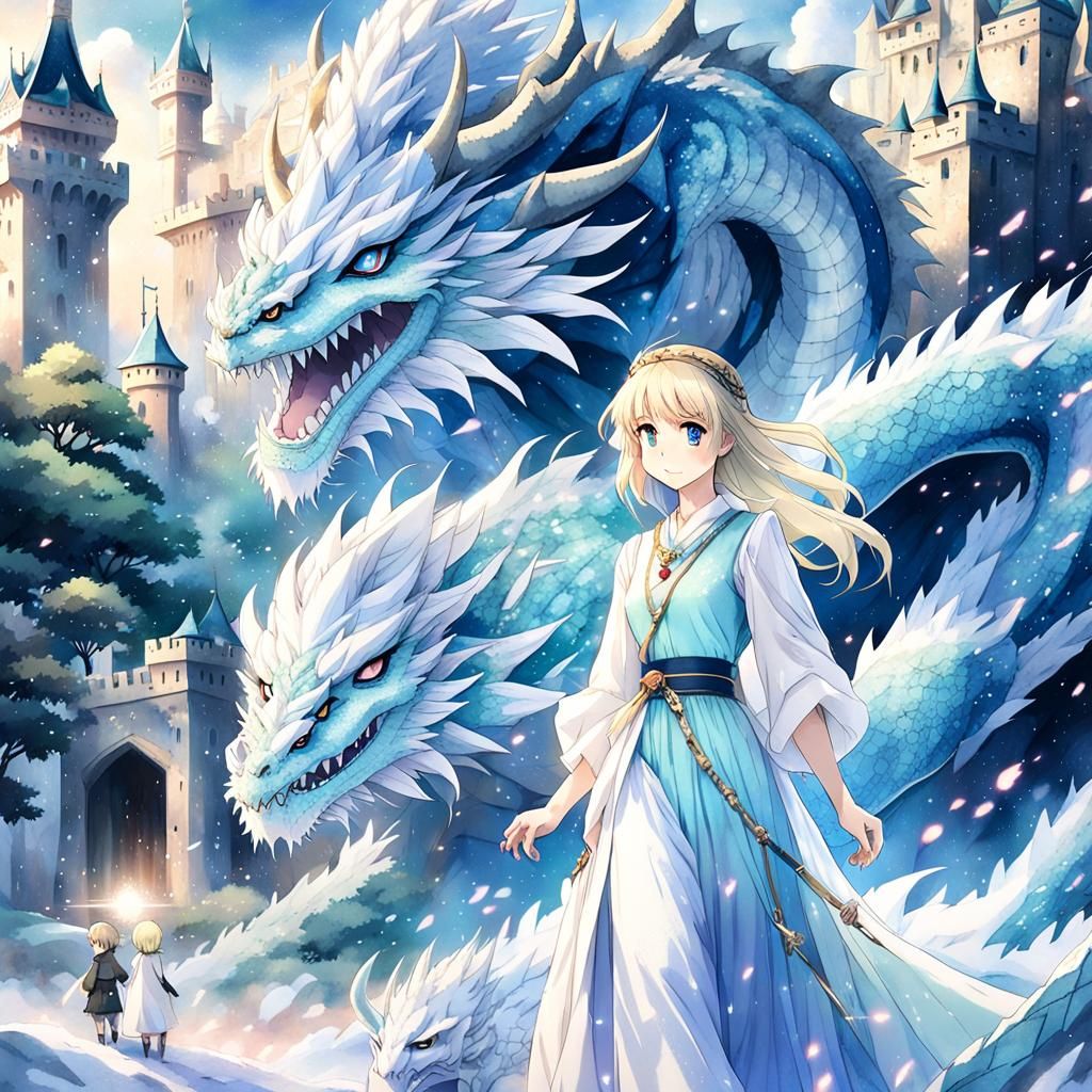 Anime Lady and Ice Dragon Before Castle