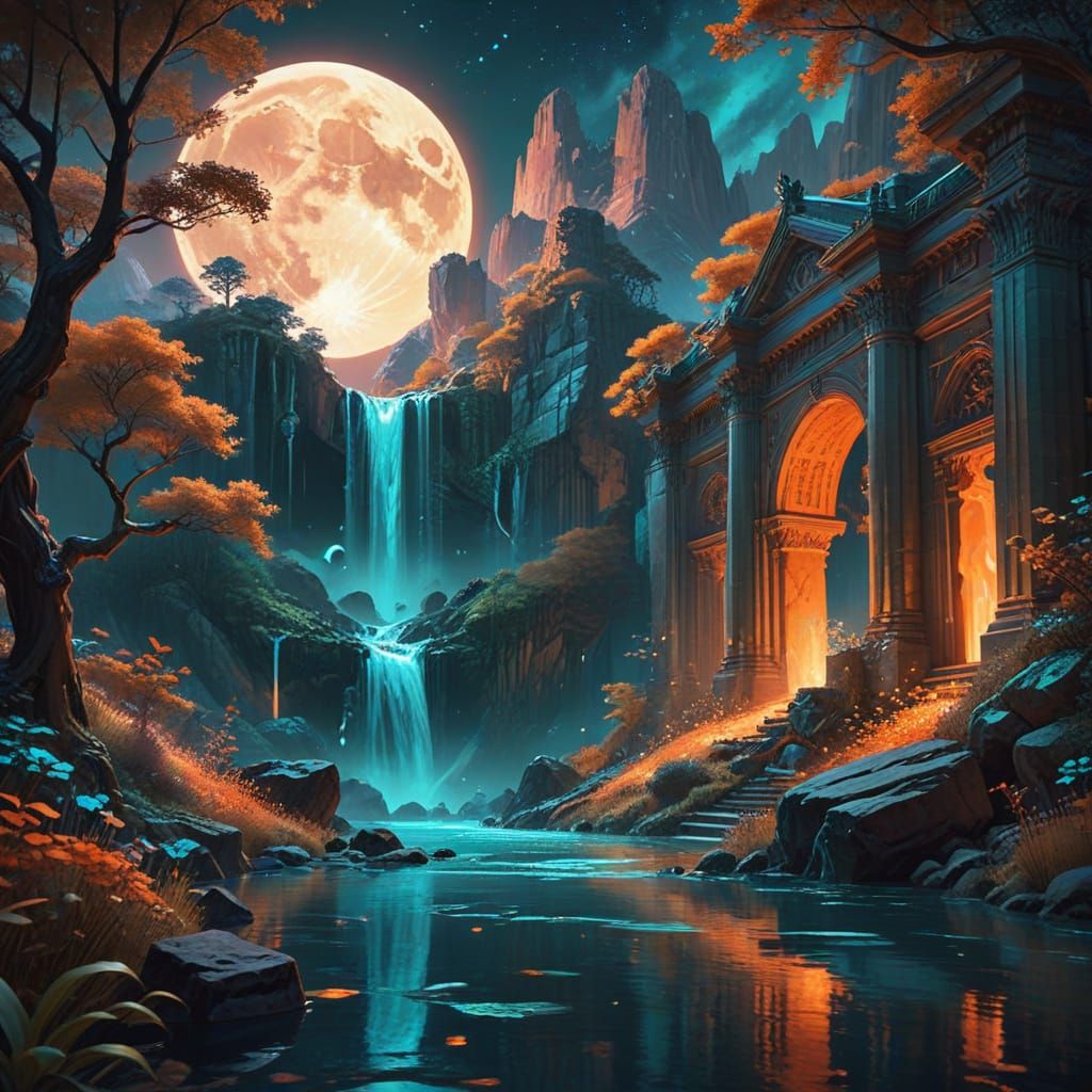 Ethereal Moonlit Valley: A Hyperrealistic Digital Gouache Pa...
