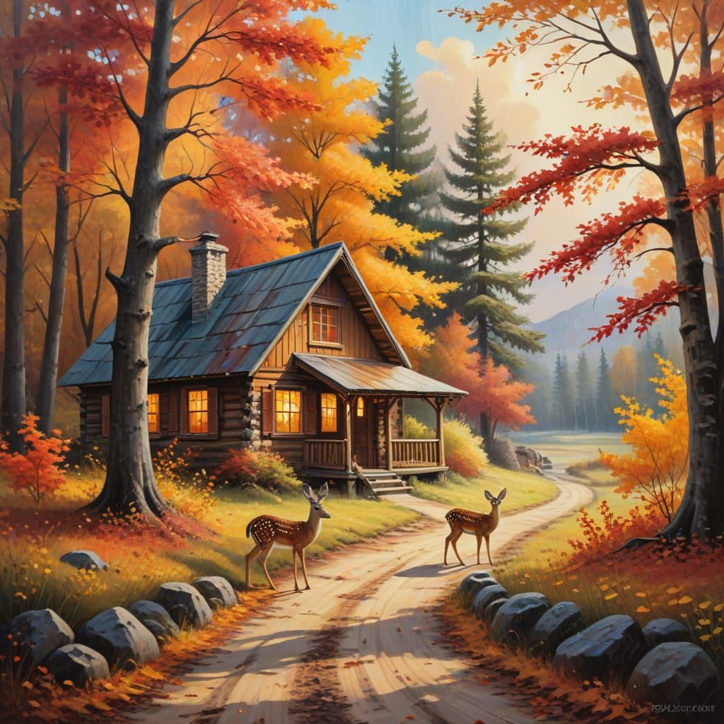 Cozy Autumn Cabin Amidst Vibrant Fall Foliage