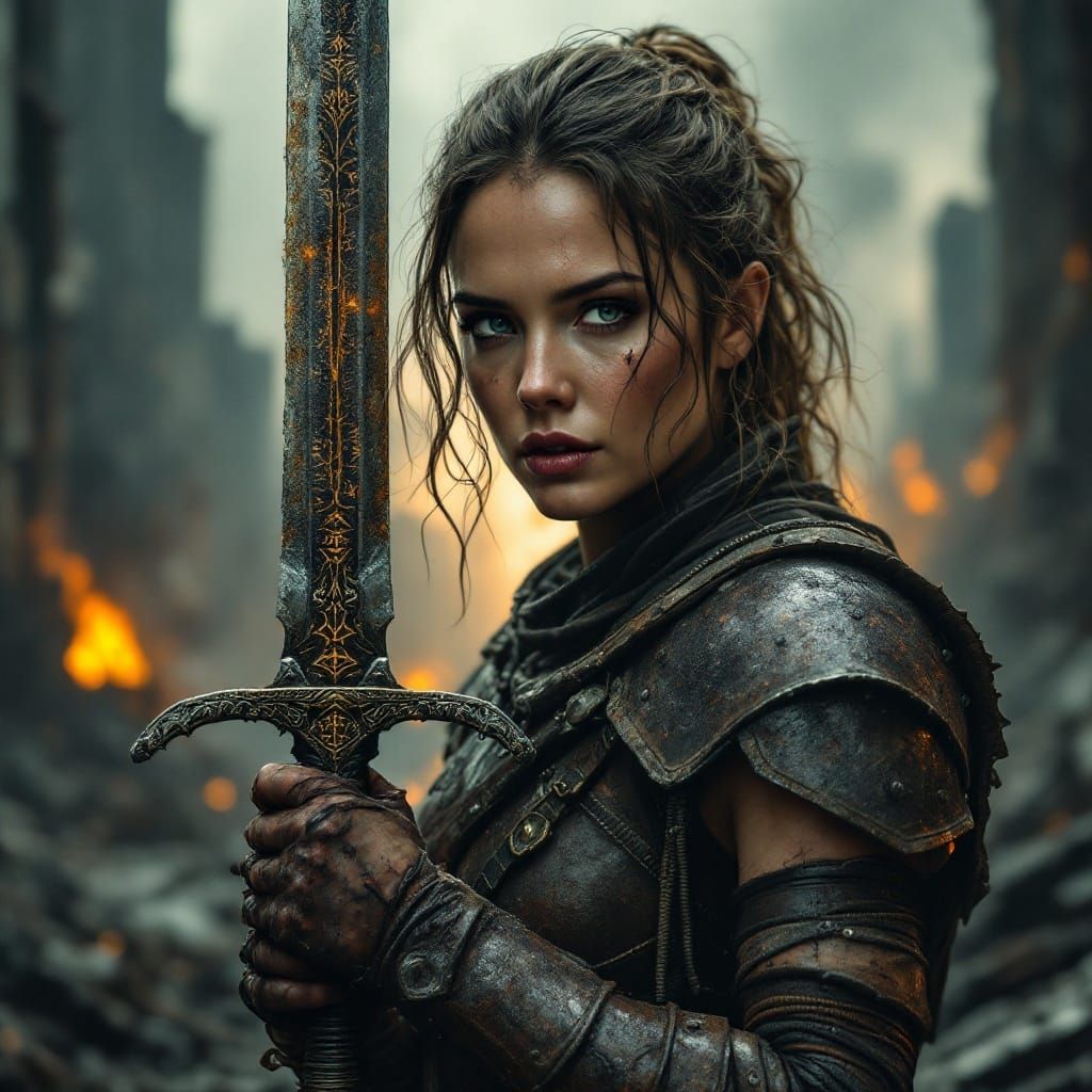 Emily Blunt Defiant in Post-Apocalyptic Ruins, Illustrated i...