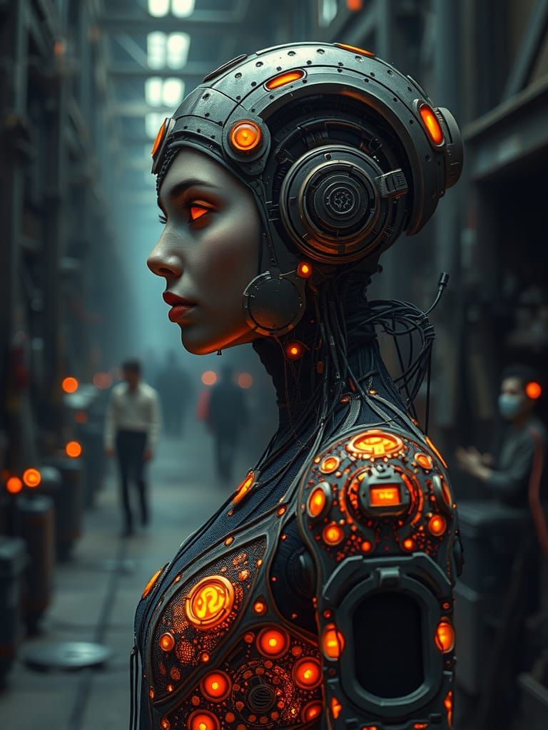 Cyberpunk Woman Android in Dystopian Factory