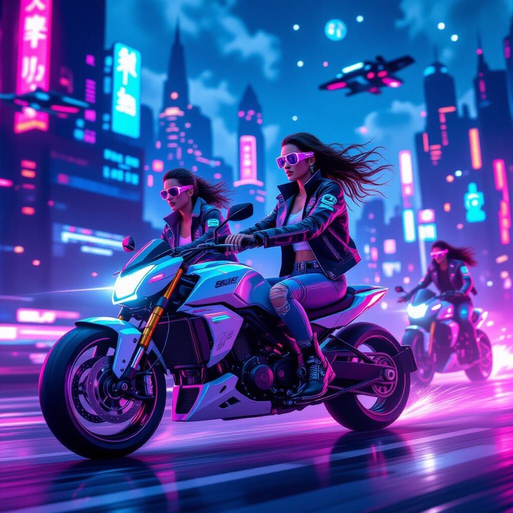 Cyberpunk Girls Ride Flying Bikes in Neon Landscape