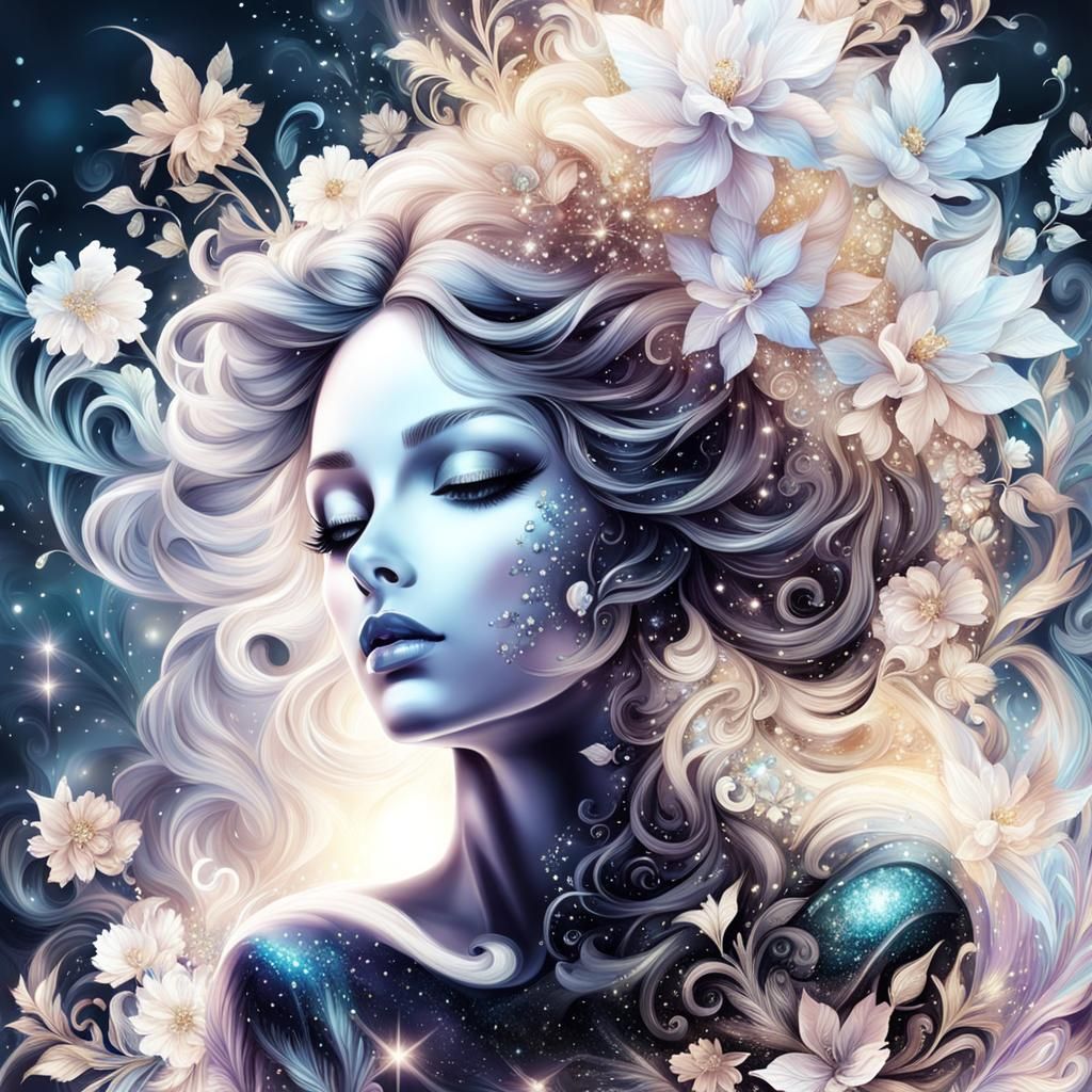 Airy Glitter Girl with Flowers in Art Noir Style
