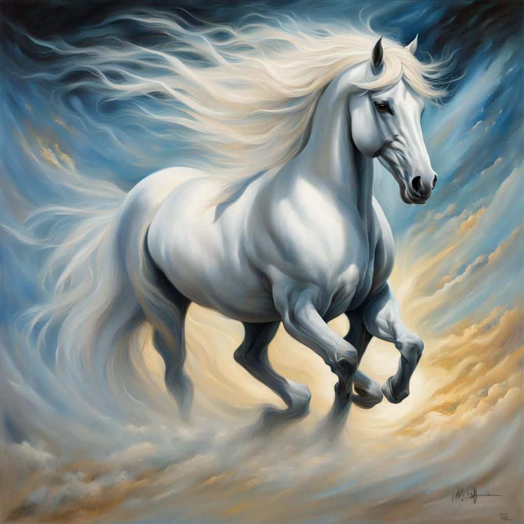 Majestic White Horse and Knight in Celestial Landscape
