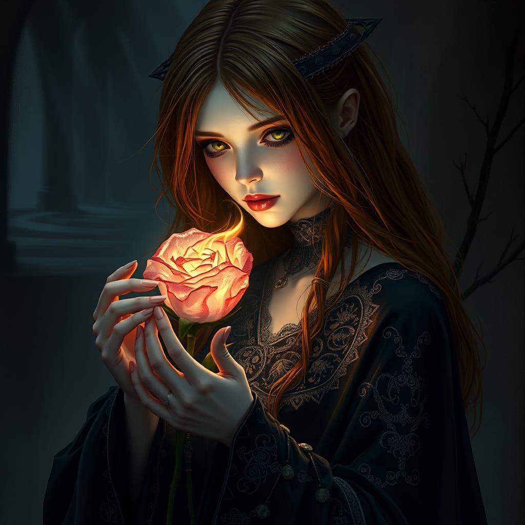 Goth Girl with Crystal Rose in Mystical Realism