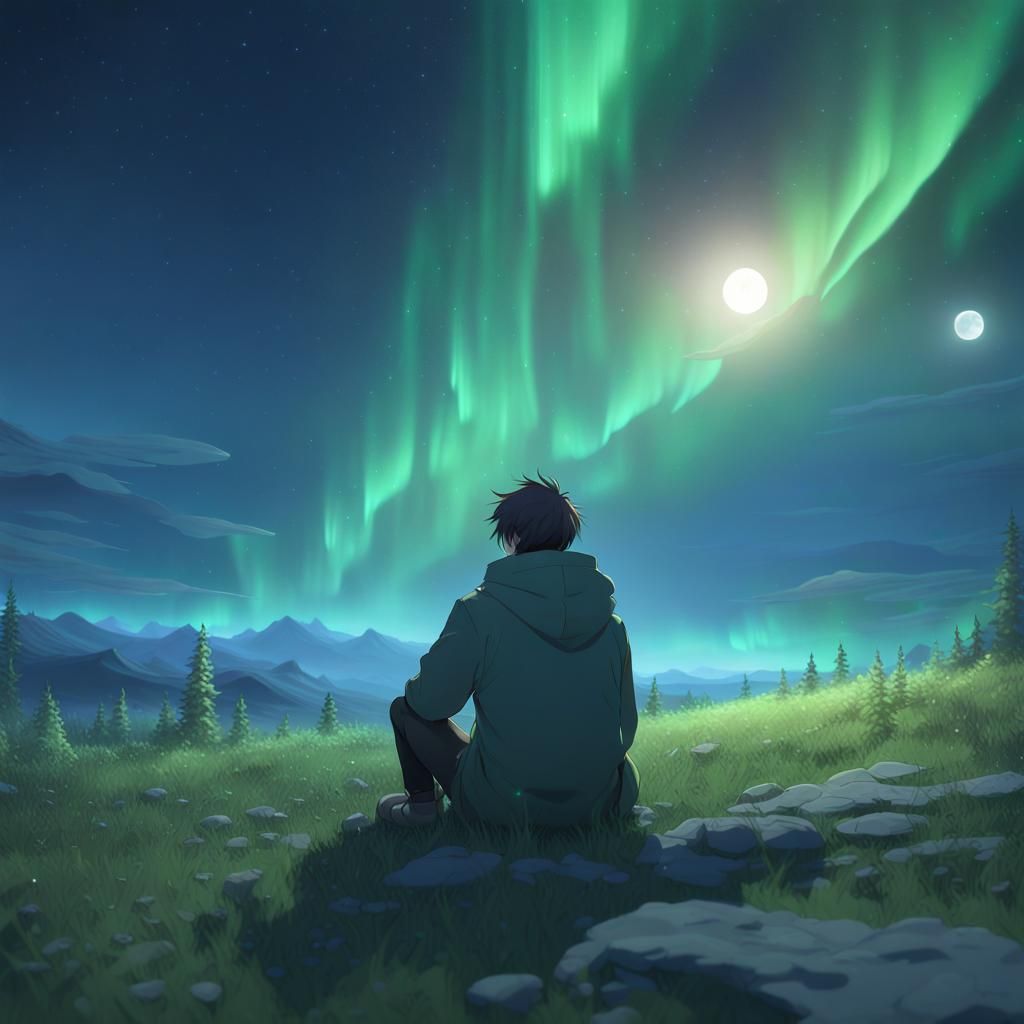 Anime Man Watches Northern Lights Display