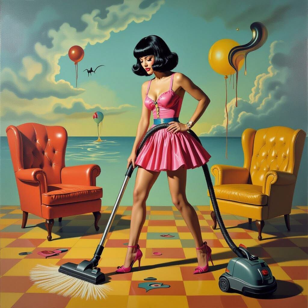 Surreal 60s Lounge Scene with Dancing Figure