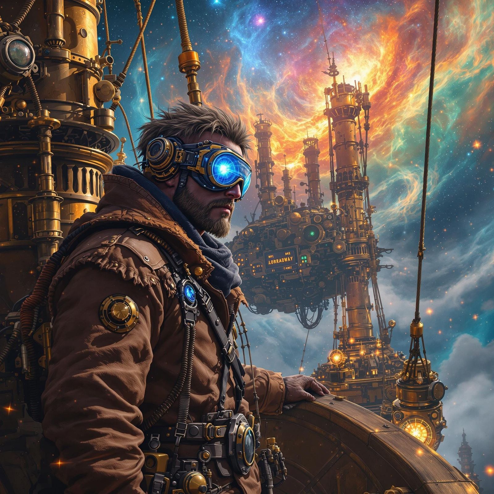 Steampunk Airship Captain Soaring Through Nebula