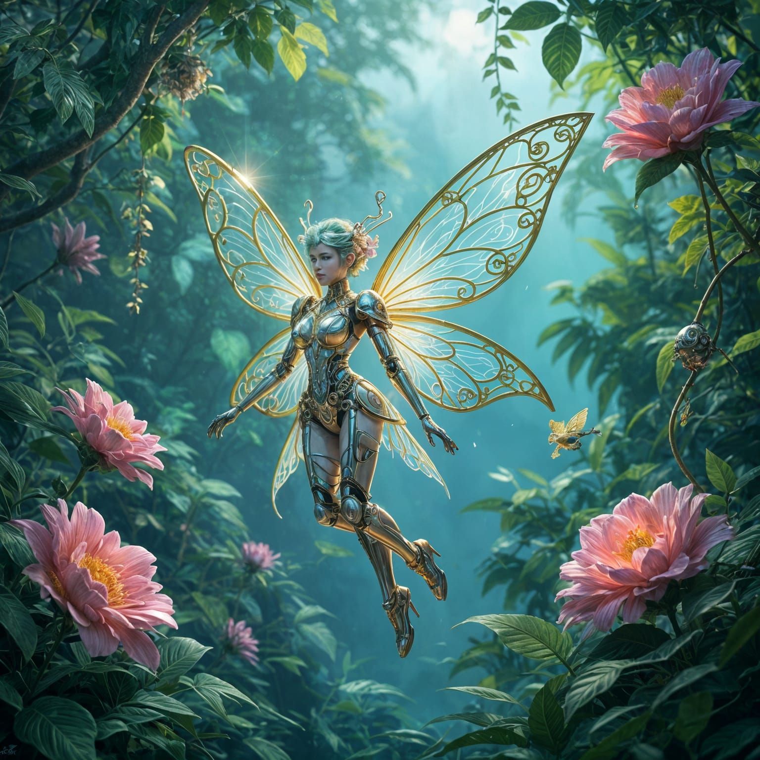 Robotic Fairy in Neon Jungle as Hyperrealistic Photograph