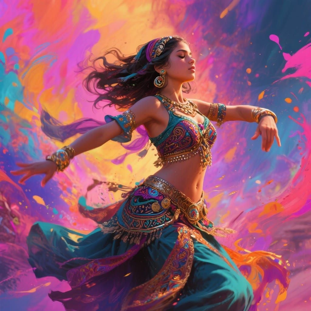 North African Belly Dancer in Vibrant Splash Art Style
