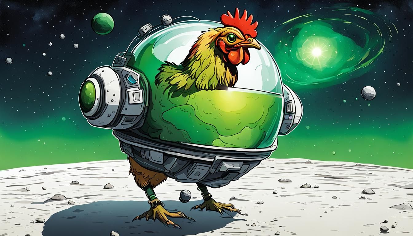 Alien Chicken in Space Helmet Orbiting Exoplanet