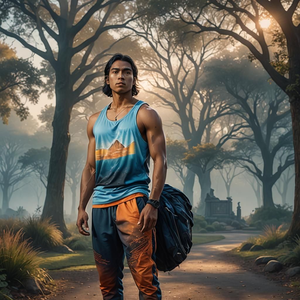 Native American Man in Misty Park at Dawn