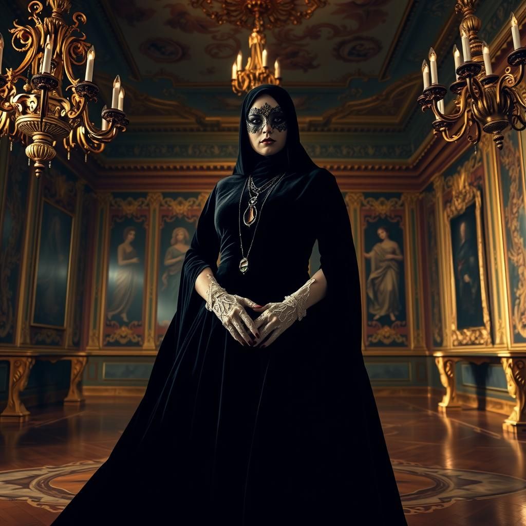 Masked Woman in Baroque Ballroom with Dramatic Lighting