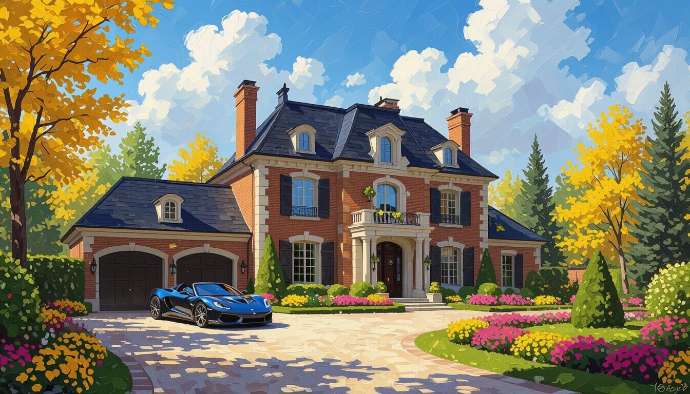 Grand Chateau with Sportscar in Vibrant Garden