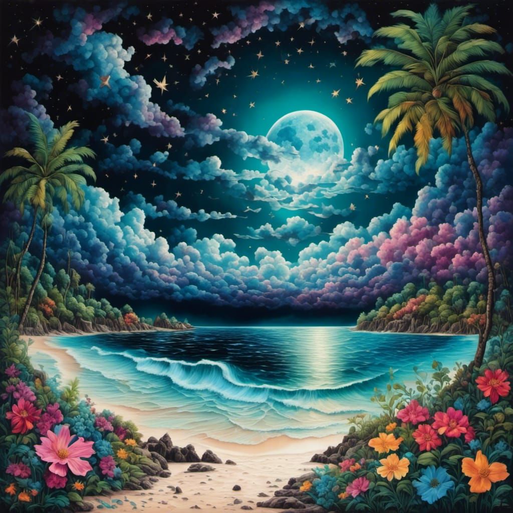 Maldives Moonlit Night with Cosmic Flowers