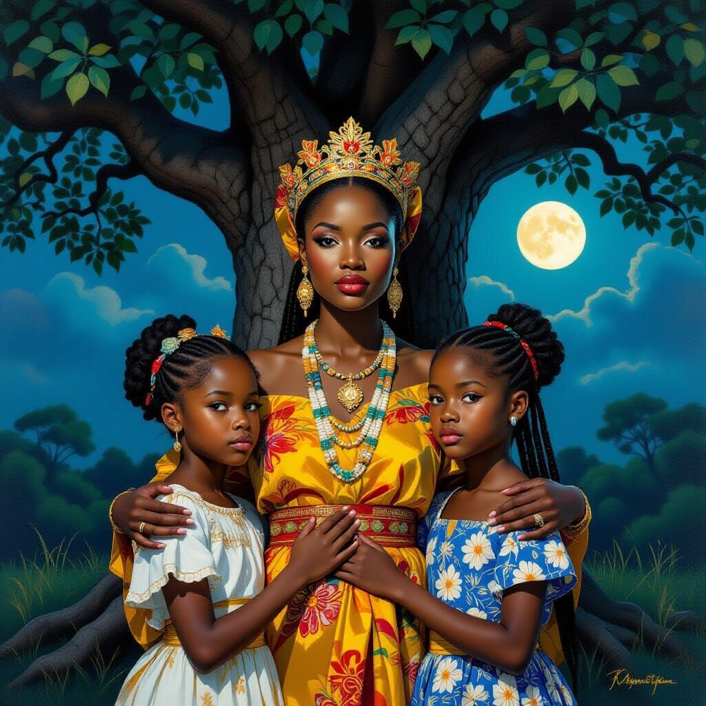 African Queen with Twin Daughters in Poetic Realism