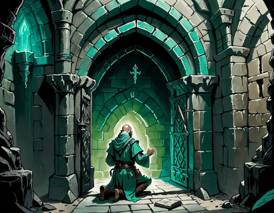 Cleric Praying at Dungeon Entrance Illustration