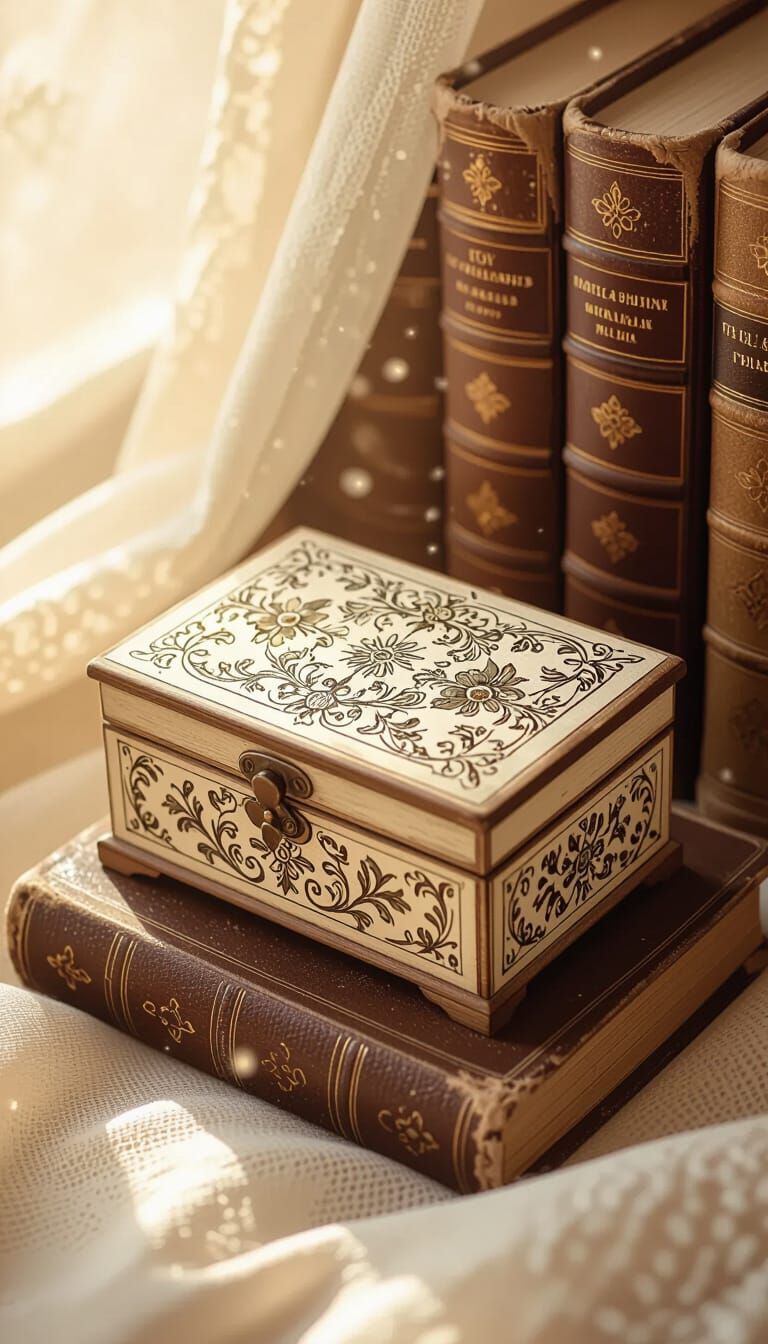 Ornate Wooden Box Among Antique Books