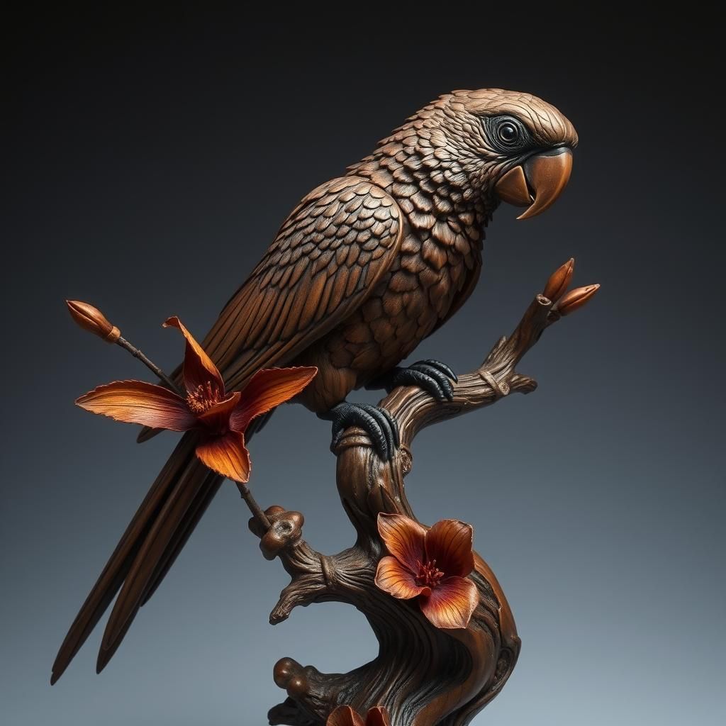 Wood Carving of a Parrot
