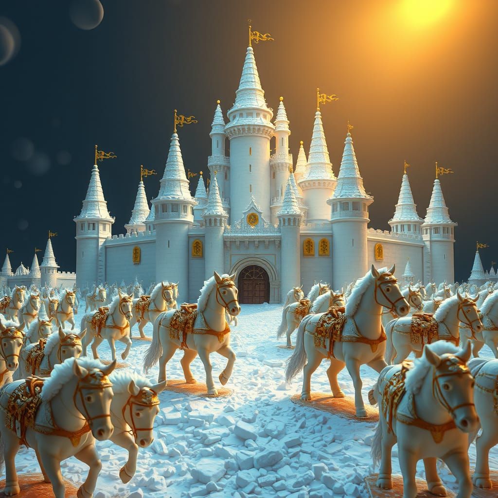 Surreal Marshmallow Castle Army in Whimsical Fantasy Scene