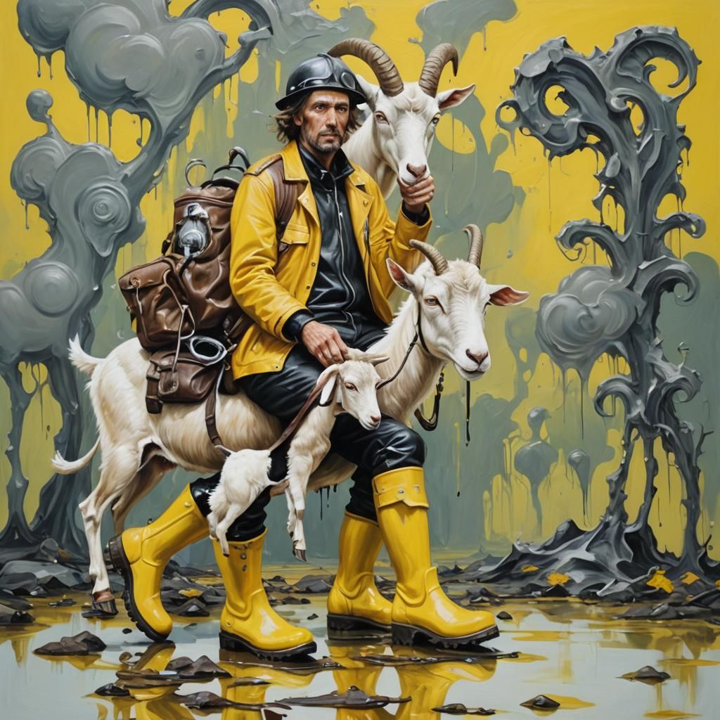 Oompa Loompa Biker with Goat, Surreal Oil Painting