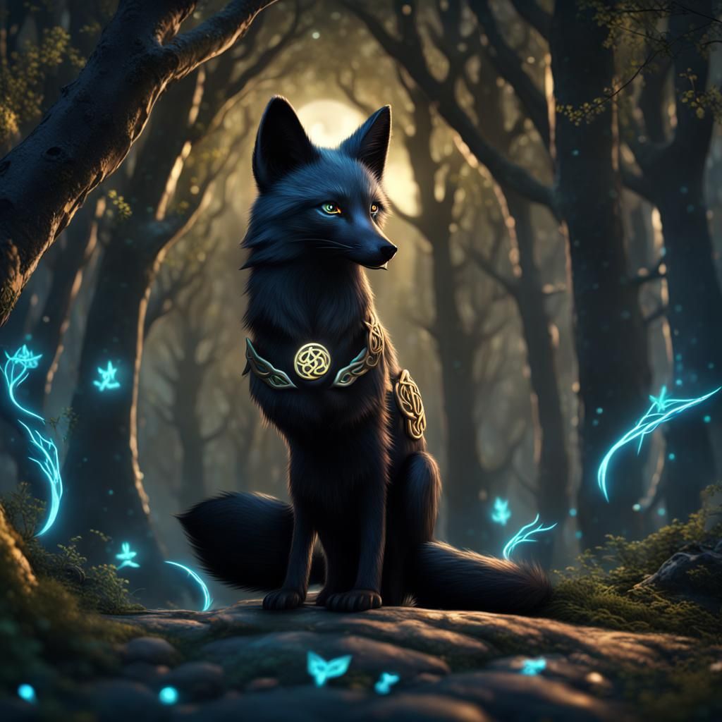 Moonlit Black Fox with Celtic Symbol