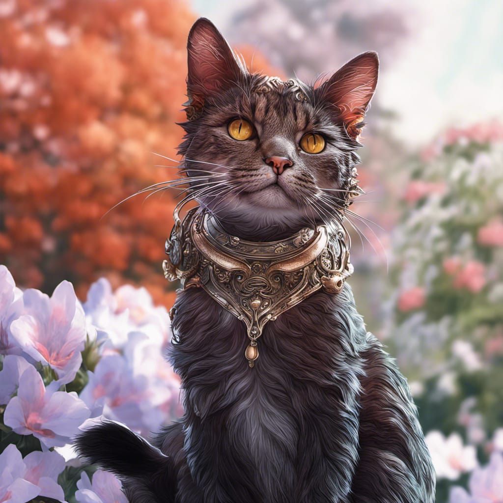 Cat Queen Portrait in Rose Garden, Detailed Art