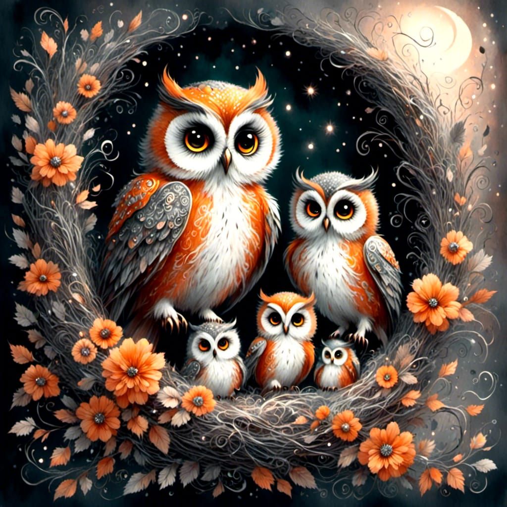 Whimsical Watercolor Owl Family in Barn Loft