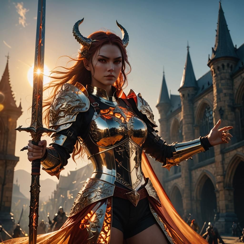 Demonic Girl with Sword in Golden Light