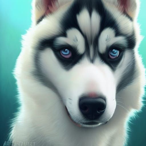 Cute Husky Puppies Portrait in Hyperdetailed Style