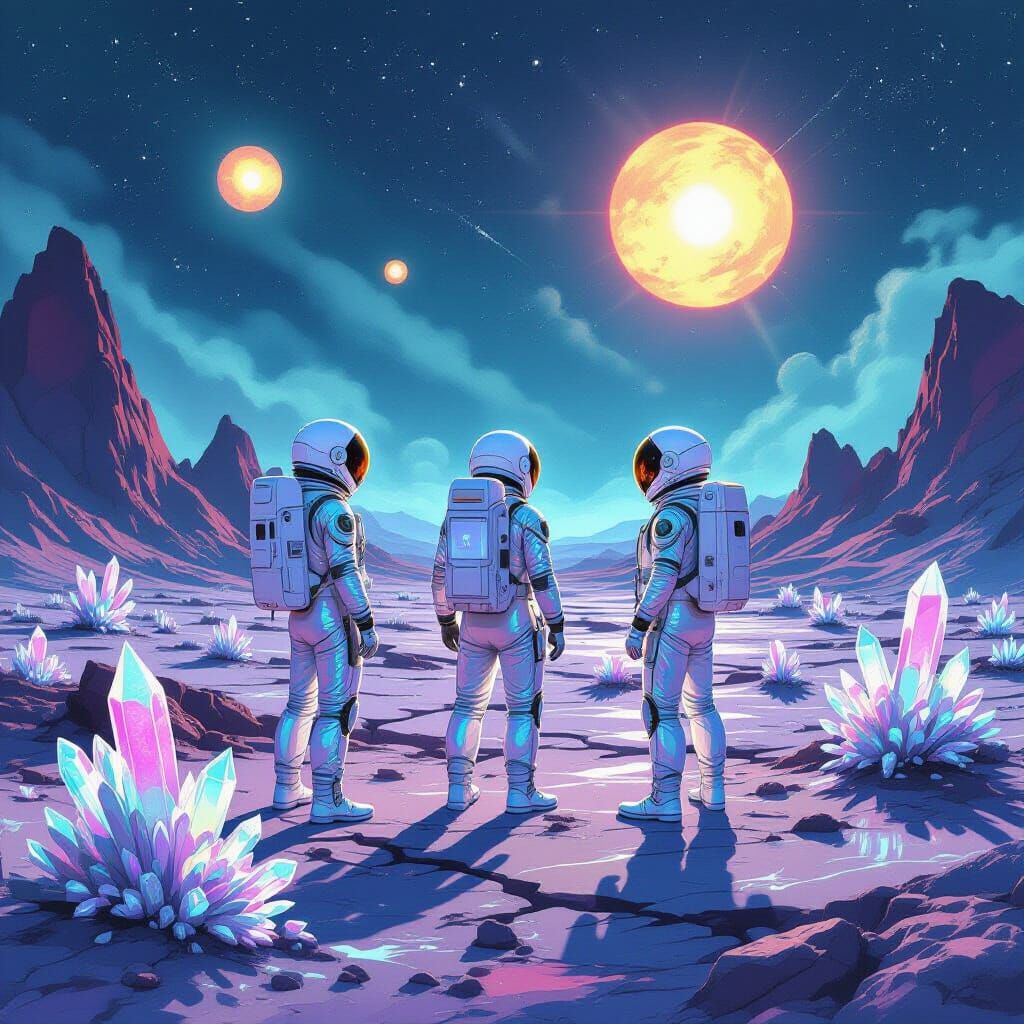 Three Astronauts on Alien Planet in Retro Sci-Fi Style