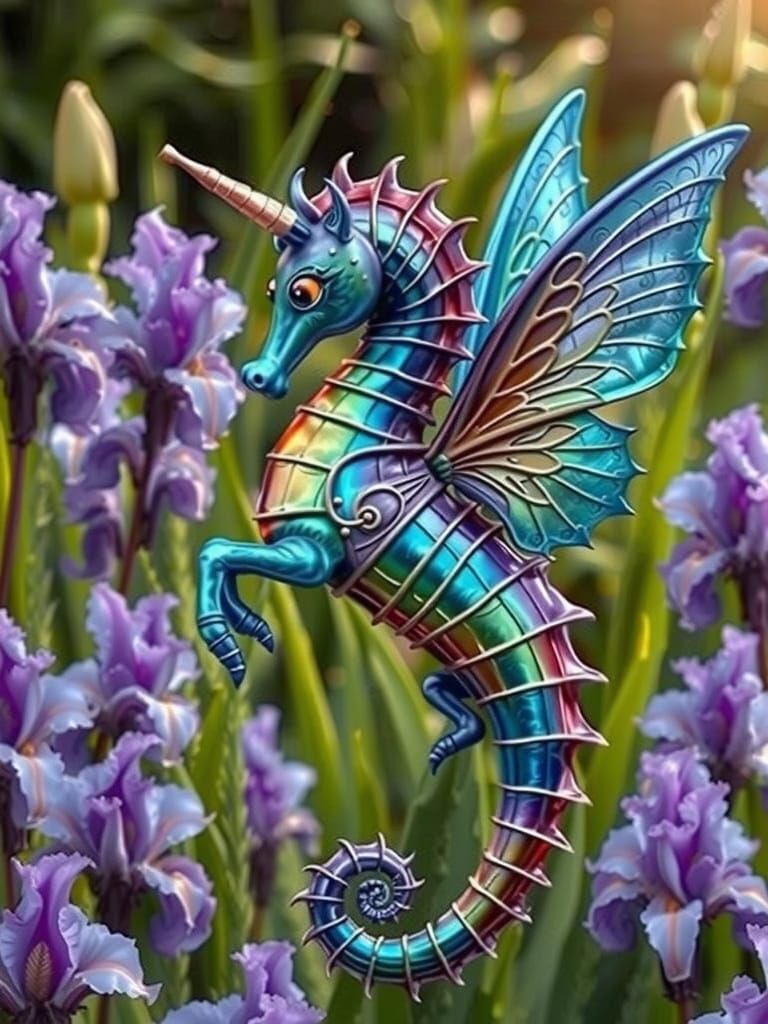 Flying Metallic Seahorse in Futuristic Style