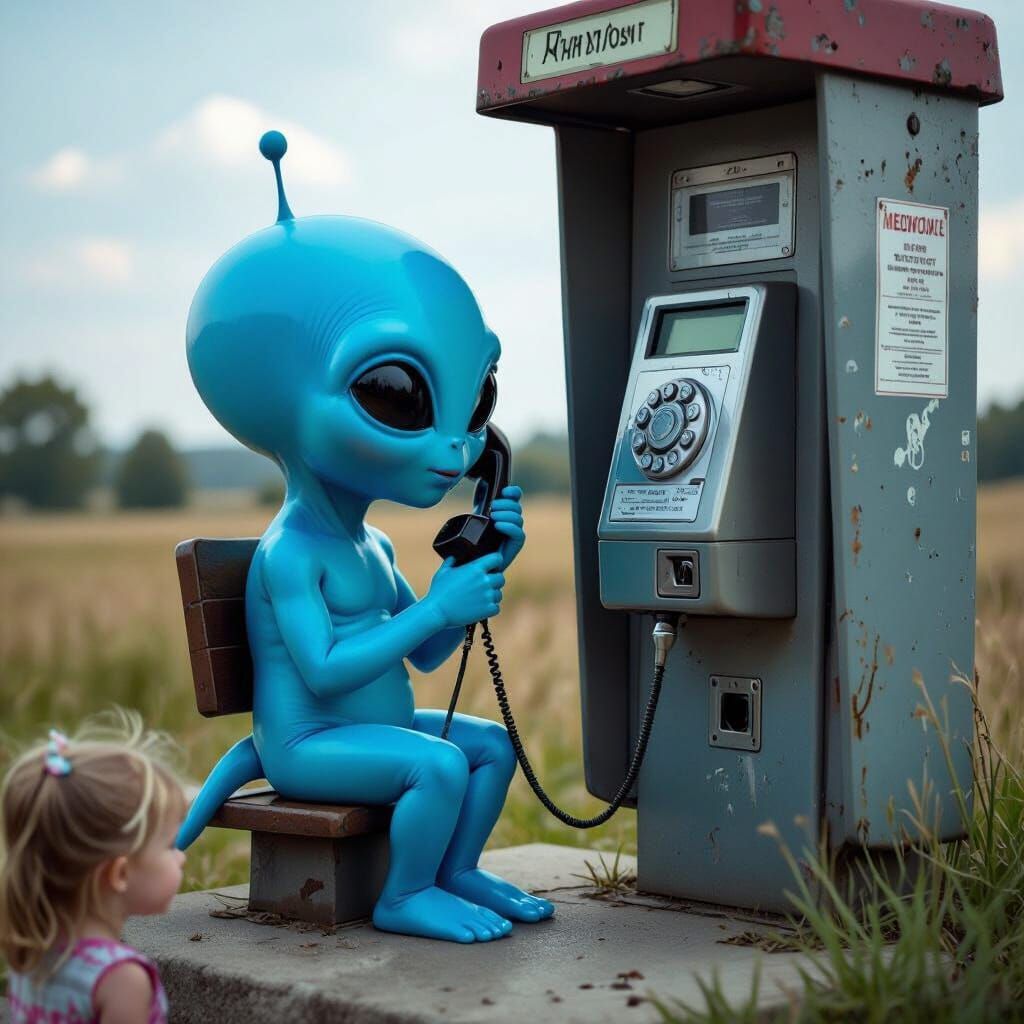 Cute Blue Alien Calls Home from Rural Payphone