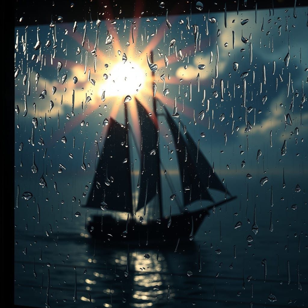 Sailboat Silhouette Etched Against Rainy Windowpane in Dream...