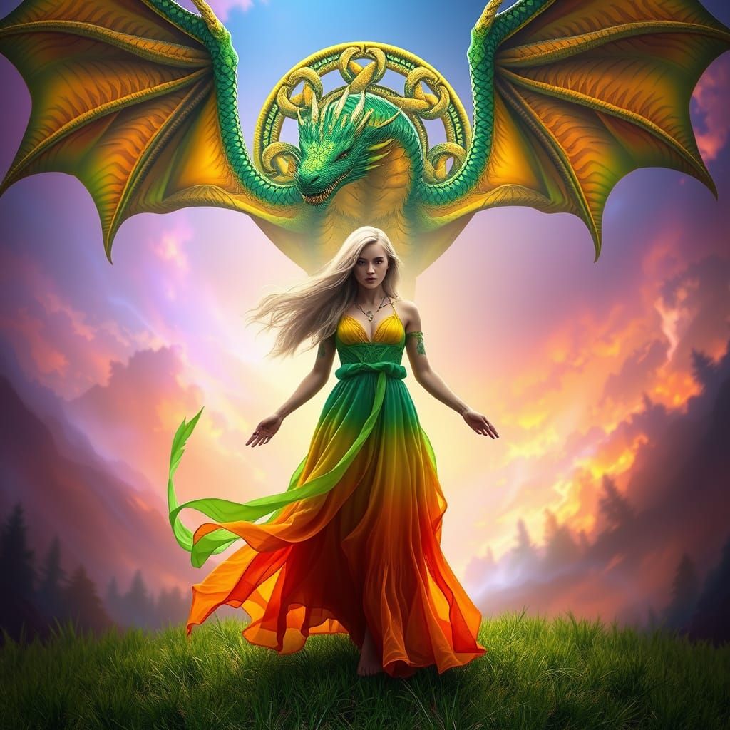 A vibrant and mystical scene. At the center, a woman with fl...