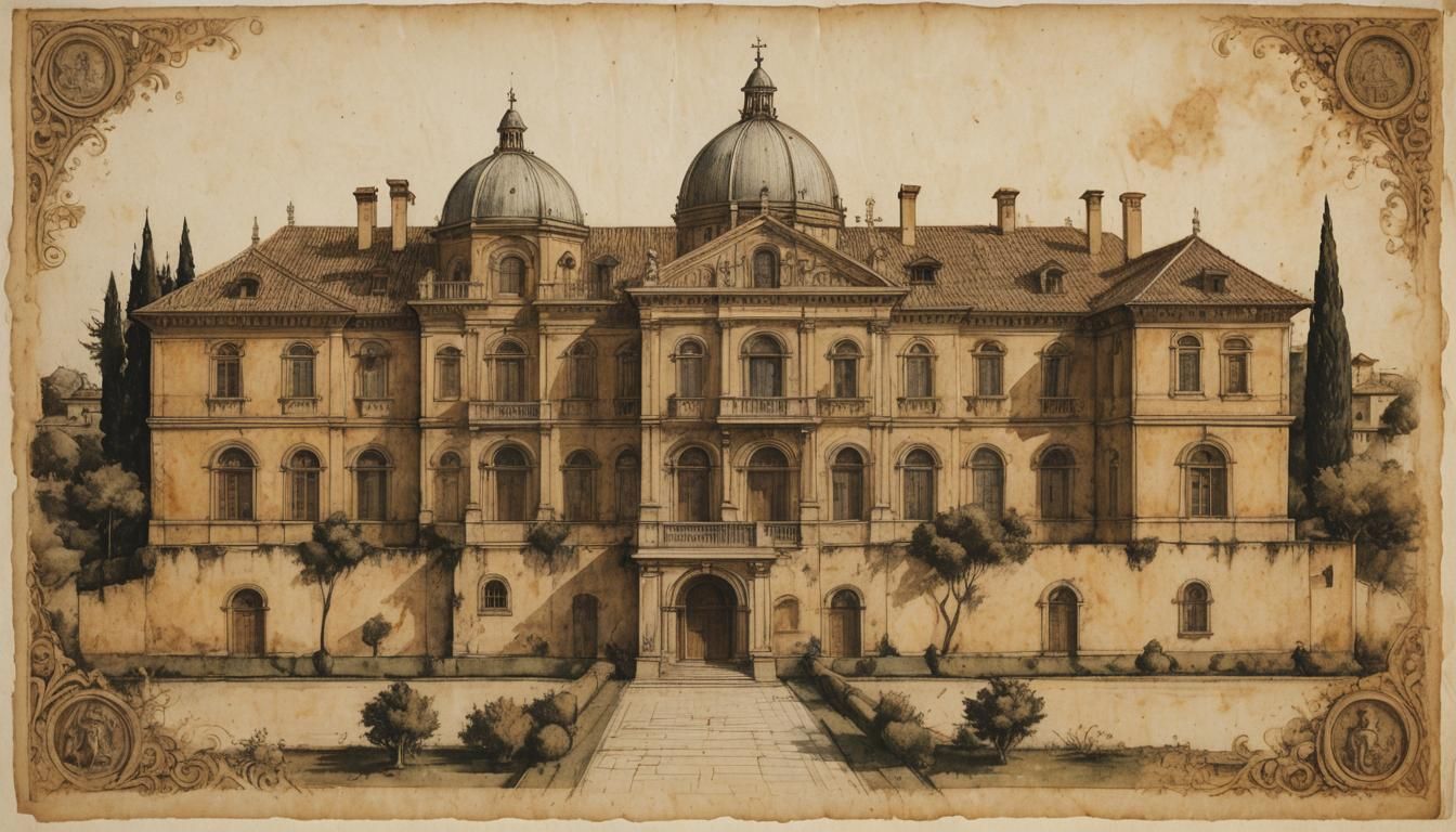 Villa Mondragone: Medieval-Style Sepia Drawing on Parchment