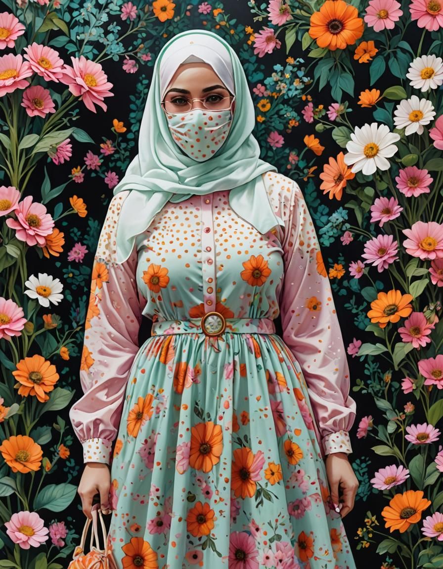 Psychedelic Hijabi Portrait with Facemask in Pop Art