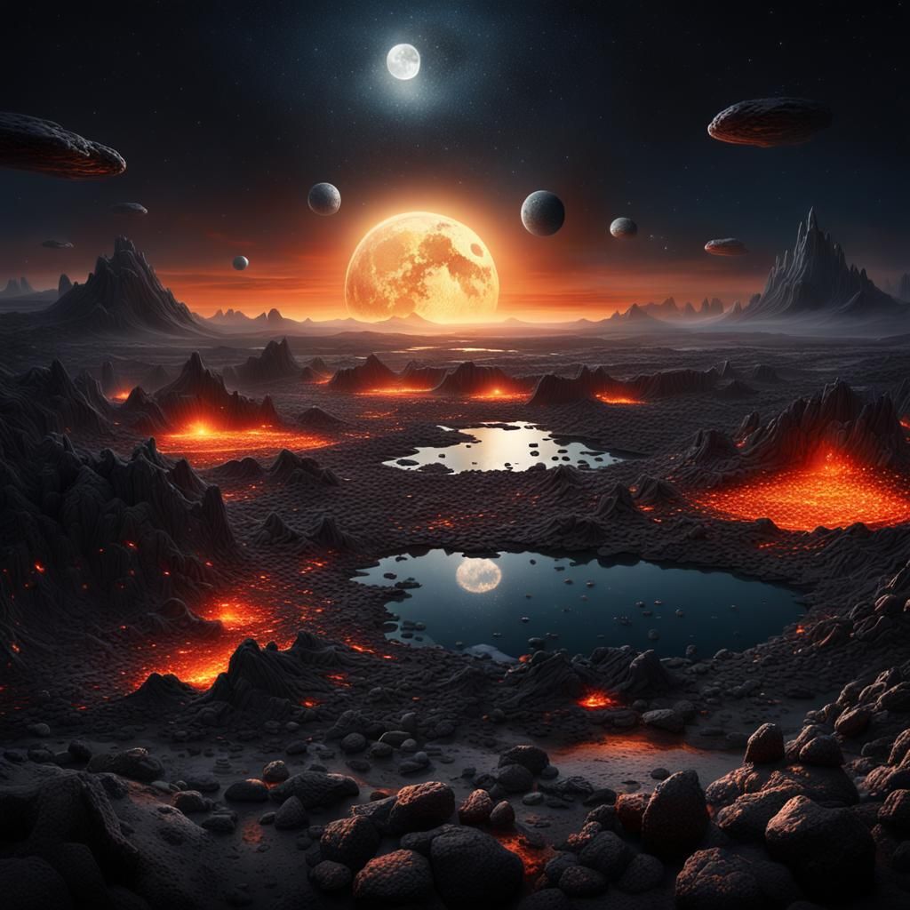 Barren Lava Landscape with Asteroids, Digital Matte Painting