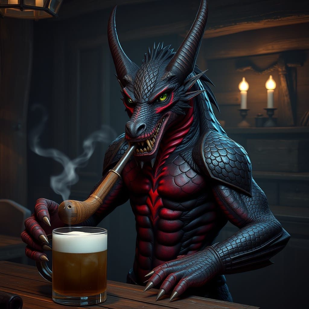 Dragon Wolf Hybrid in Tavern, Dark Fantasy Style